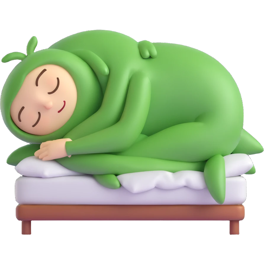 a cute green bean character sleeping, small 'Zzz' above head emoji