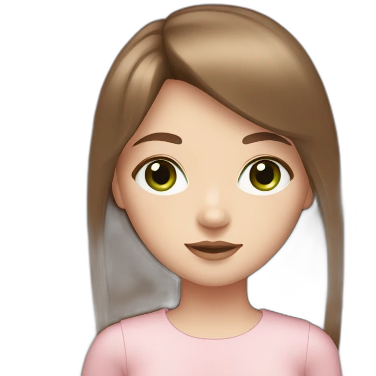 Female with brown hair. Light fringe. Green eyes. Pale skin. Aesthetic cute pink outfit.  emoji