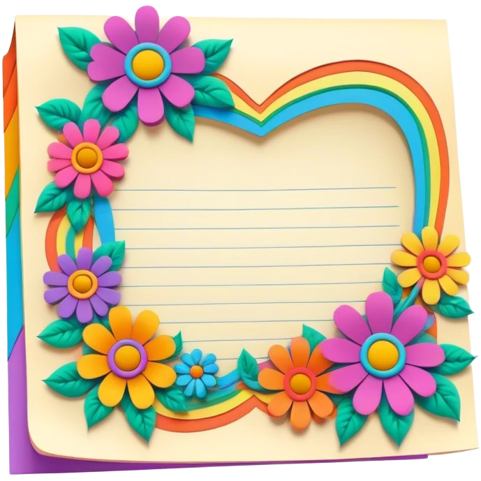 3D, psychedelic colored note paper with hippie style flower border emoji