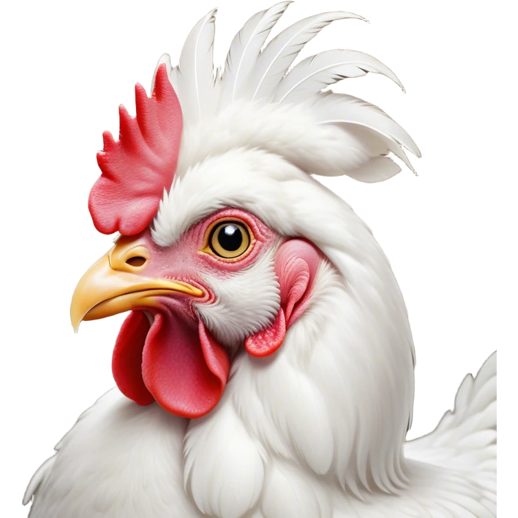 Cinematic Noble White Chicken Portrait Emoji, Poised and regal, with a compact, sturdy build and a pristine, well-groomed pure white plumage, deep-set soulful beady eyes, Simplified yet sharp and sophisticated features, highly detailed, glowing with a soft, dignified glow, high shine, intelligent and alert, stylized with an air of barnyard elegance, focused and attentive, soft glowing outline, capturing the essence of a watchful and confident fowl, so majestic it feels as though it could strut out of the screen with effortless authority! emoji