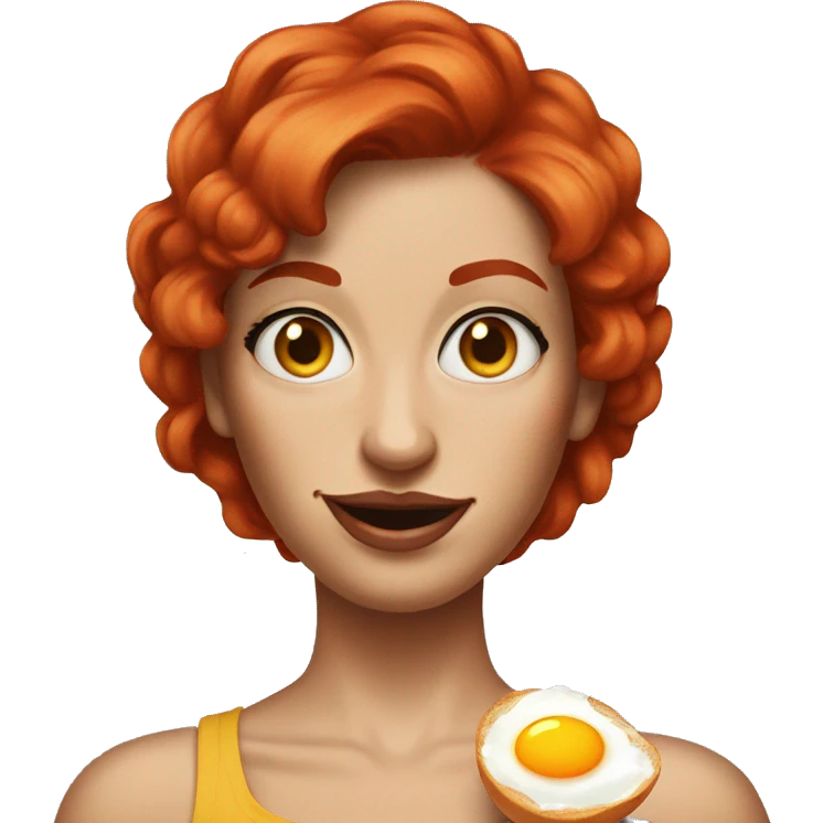 Woman with red hair, blue eyes and arm tattoos holding fried eggs emoji