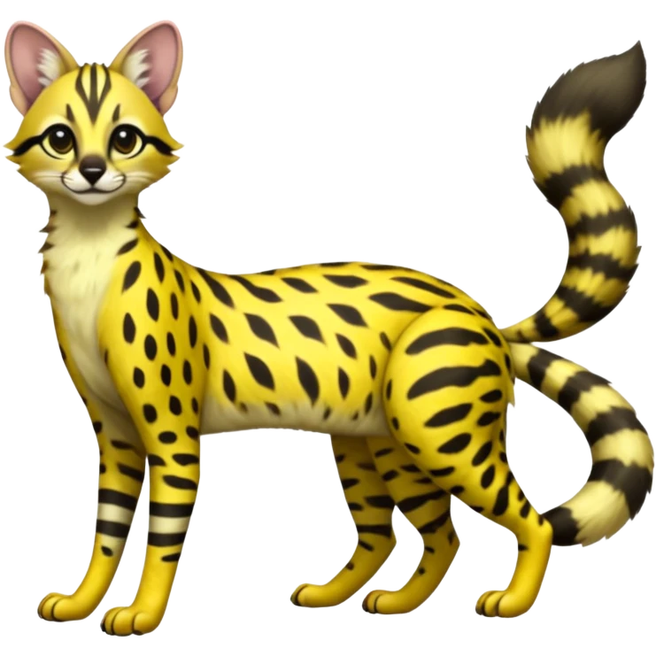 Lanky slender beautiful elegant spotted hype-realistic, black-maned, vibrant yellow Genet-Serval-Cacomistle-Civet-fusion-hybrid-furry-fursona, full body, with a long puffy fluffy black-and-white-striped tail emoji
