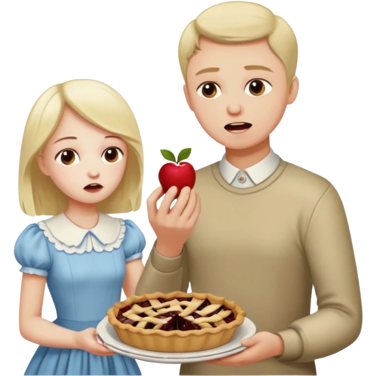 Sad man eats a pie. While his sister throws his dress on the apple emoji
