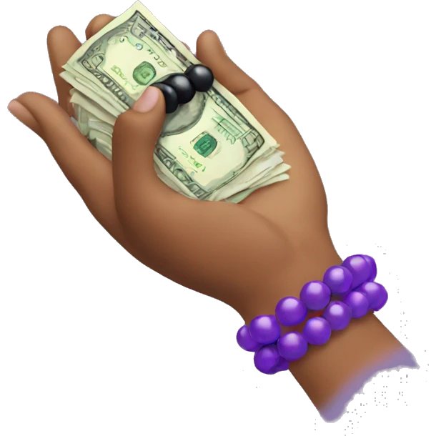 hand with purple bead bracelet holding money emoji