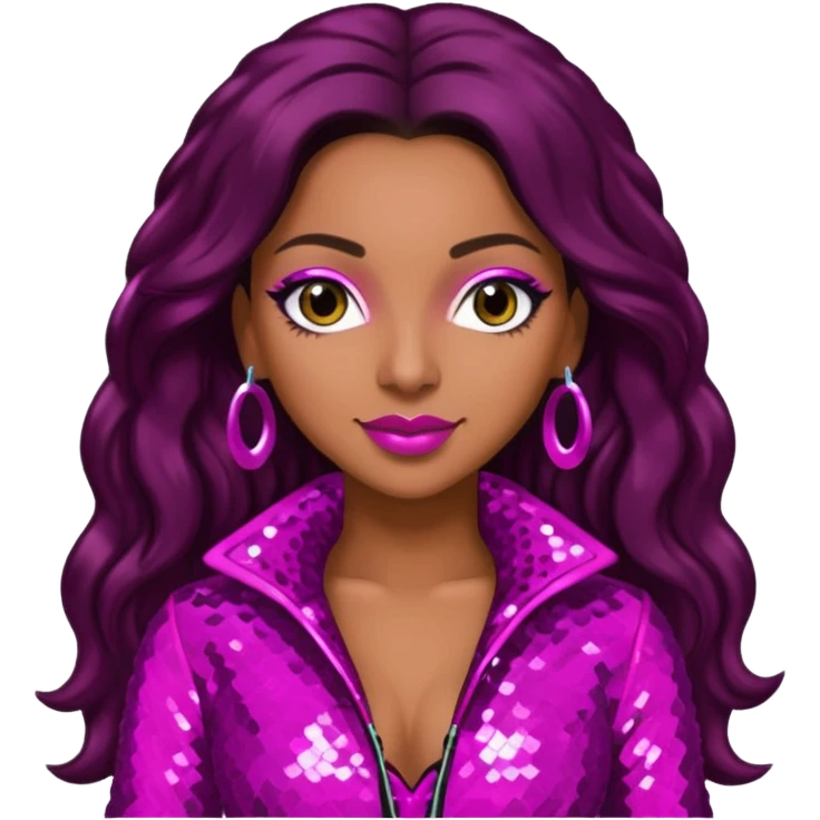Mya, R&B Singer with dark brown long hair, meganta sequin outfit emoji