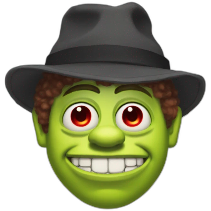 Shrek as rick astley with six eyes and a Red hat emoji