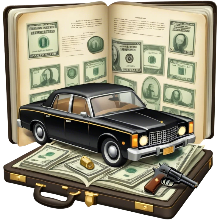 Icon for Action & Crime Reading: an open book with dramatic crime scenes—bullet holes on pages, a detective badge, a revolver, and a getaway car. Surrounding elements include a briefcase with cash and a flickering streetlight. Transparent background. emoji