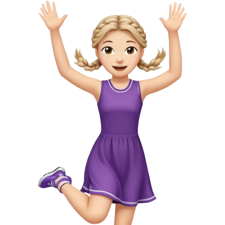 A braid hair girl in a jersey dress, waving both arms in pure joy jumping emoji