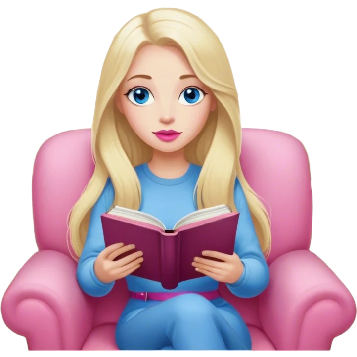 Cinematic realistic blonde with long hair, blue eyes, pink lips, sitting in a cozy armchair, reading a book, coffee is on the table next to her emoji
