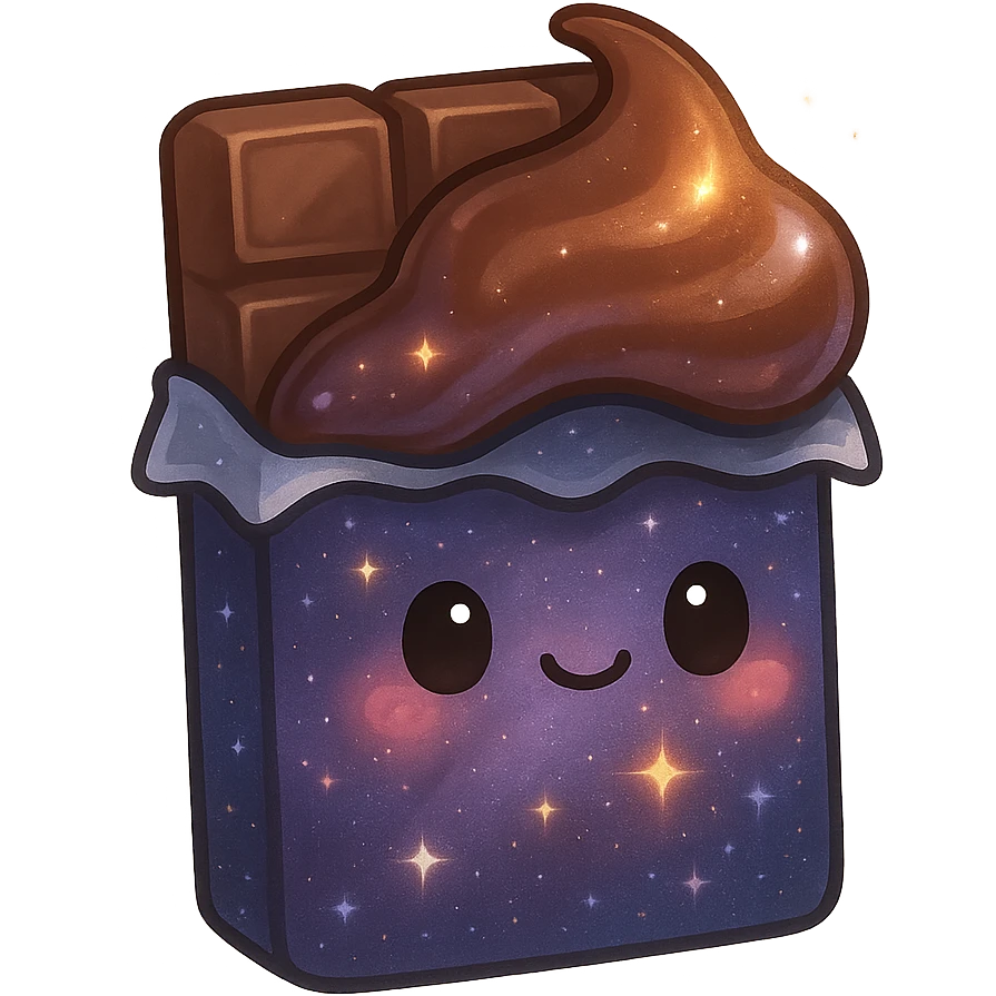 chocolate bar with cosmic starry surface and glossy galaxy-like Nutella spread on top, glowing slightly emoji