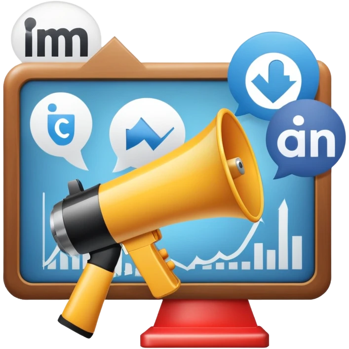 An icon featuring a megaphone, a billboard, and social media icons, symbolizing advertising and public relations. The design includes a press release and a rising graph, representing brand promotion and communication strategies. Transparent background highlights media influence and outreach. emoji