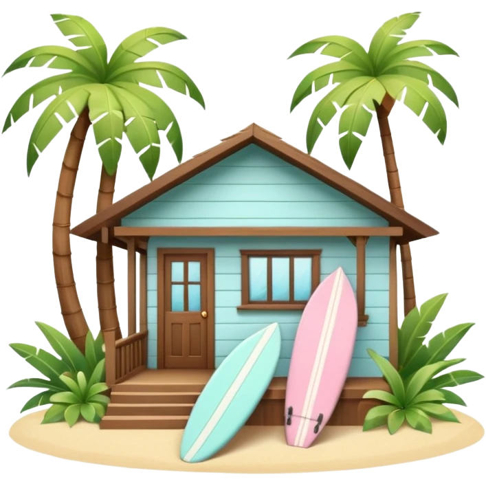 Hawaiian bungalow house, pastel colors, wooden porch, surfboard leaning on wall, palm leaves, tropical vibe, cute mobile game icon style, 3D cartoon, clean background, no text
 emoji
