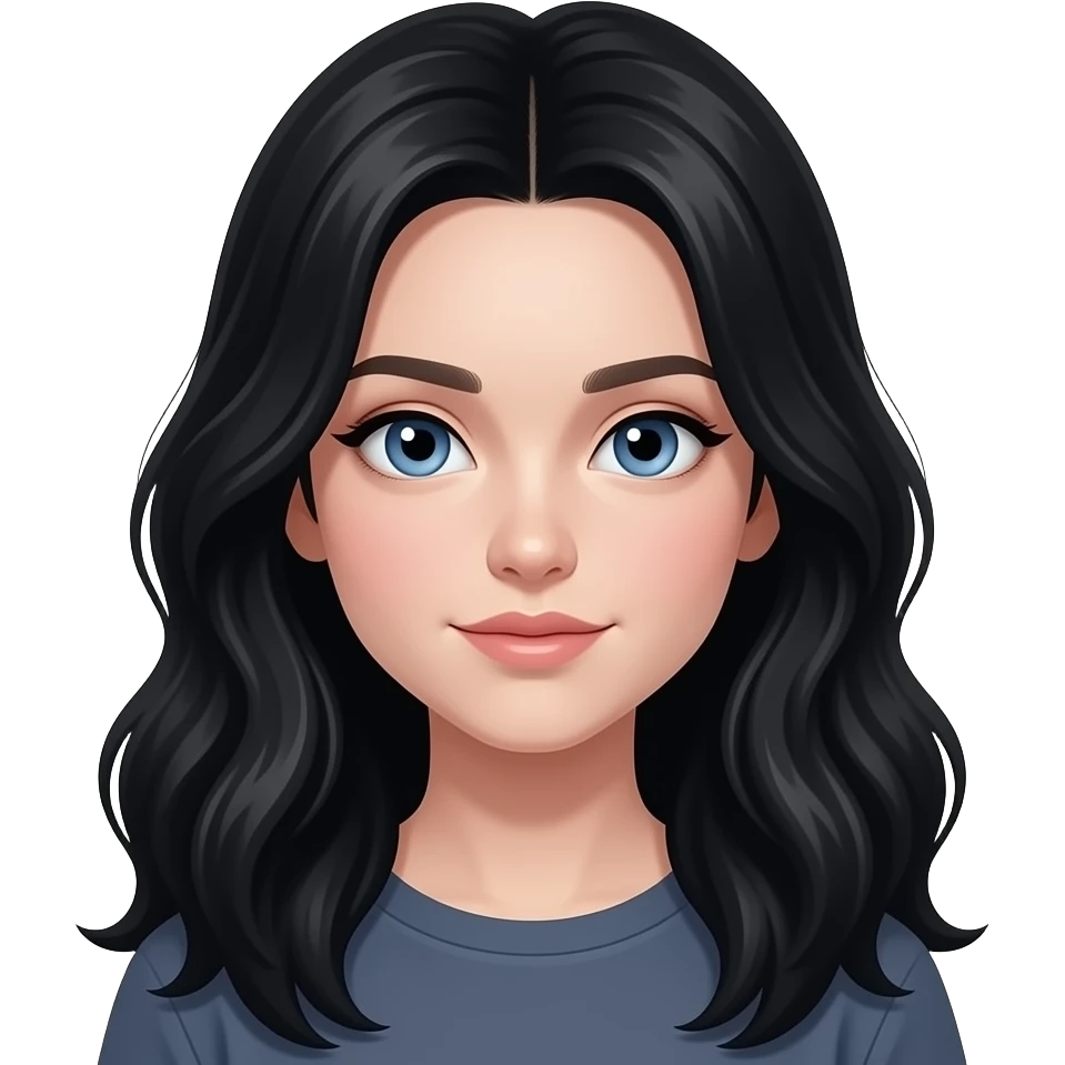 Fille avec longs cheveux noirs légèrement ondulés et yeux bleux, peau SUPERRRR pâle et vêtements emoji