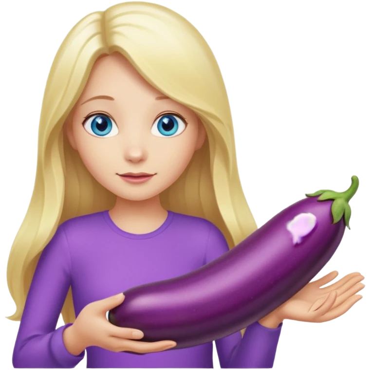 Girl, long blond hair, blue eyes, holding a long eggplant with both hands emoji