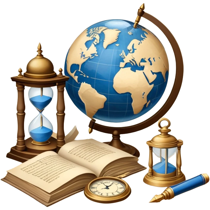 An icon featuring ancient scrolls, a quill pen, and large, old-fashioned sand clocks, symbolizing the study of history. The design includes a globe and a timeline with significant historical events, set against ruins to evoke past civilizations. Transparent background highlights the passage of time. emoji