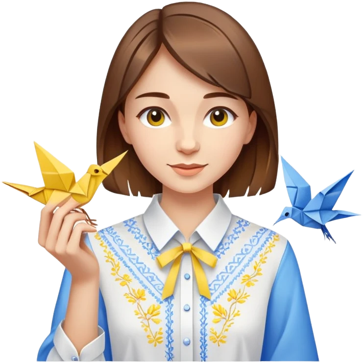 A happy Ukrainian young girl with brown hair in a white embroidered shirt making an origami crane in yellow and blue colors emoji