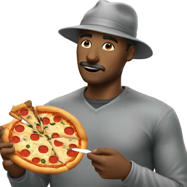 a man with a grey hat, eat a slice of pizza emoji