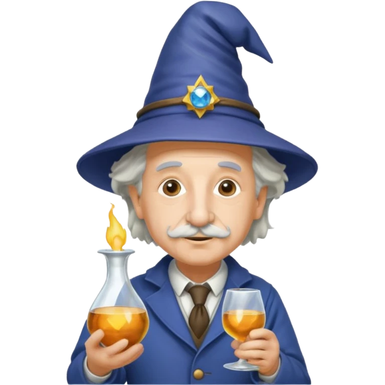 Albert Einstein, wearing wizard hat custome, with glas vase emoji