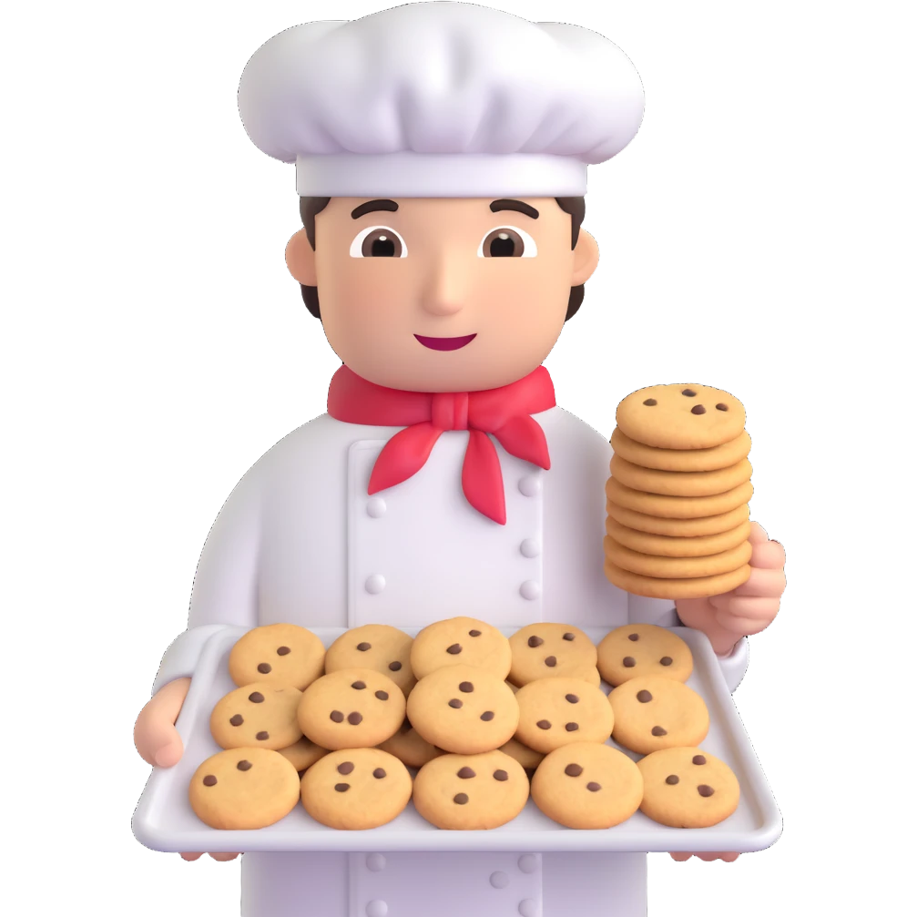 cookie factory worker emoji, wearing a chef hat, holding a tray of cookies emoji