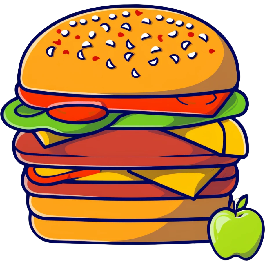 A burger with pizza toppings, french fries sticking out the sides, and apple slices as garnish emoji