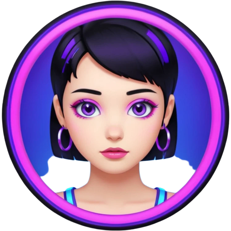 Emoji estilo anime cyberpunk: garota com cabelo curto preto, olhos roxos expressivos, expressão confiante, argolas grandes, pele iluminada por neon azul e rosa, visual moderno e vibrante, cores fortes e estilo futurista simplificado. emoji