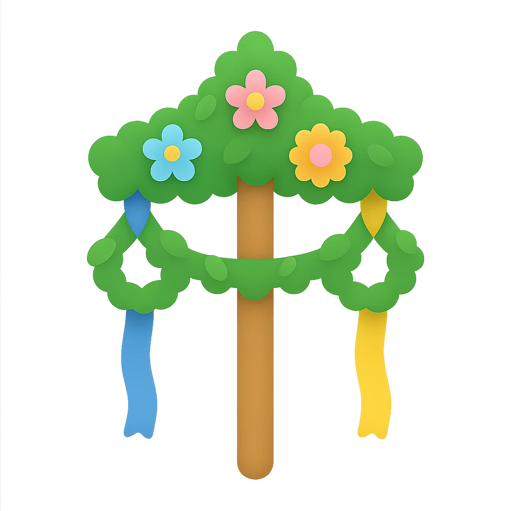 traditional Swedish midsommarstång (maypole) with blue and yellow ribbons, lush greenery, flower garlands, stylized vibrant flat color icon style emoji