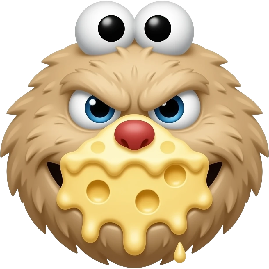 Bit angry, Mouth covered in cheesecake, Persona, portretu, cheese cake monster, similar to cookie monster, fur should be new york cheesecake it means beige emoji