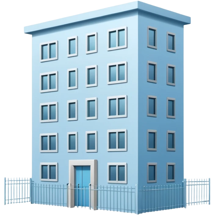 light blue rectangular 9-story apartment building surrounded by fence, closed courtyard, minimal flat vector icon, friendly clean design emoji