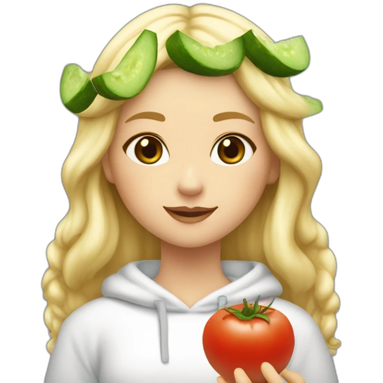blonde girl  eating  cucumber and tomatoes with white hoodie iridescent and a crown princess emoji