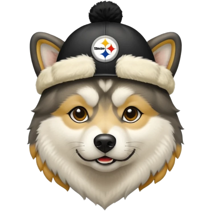 Face of young Malamute with cream and black face wearing Pittsburgh Steelers hat emoji