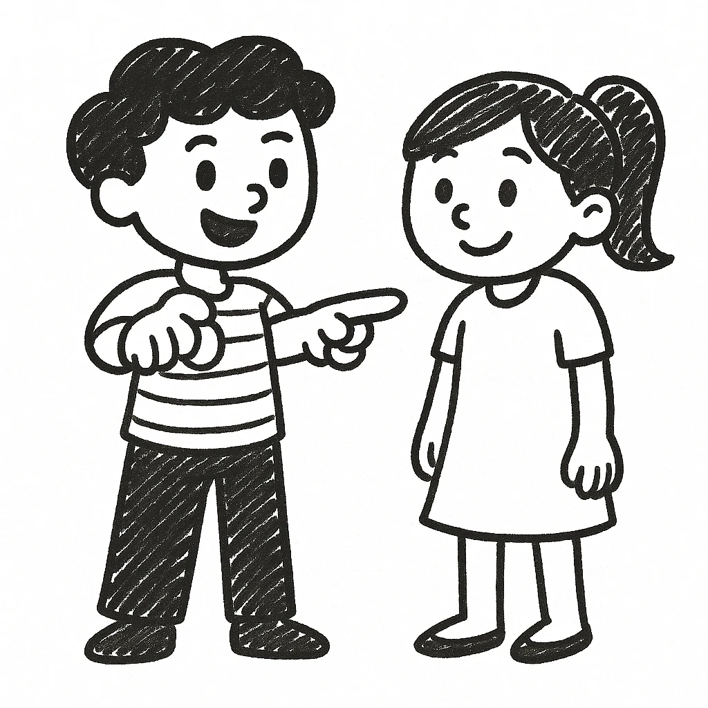 Edit the image of the little boy in the doodle style, keeping the character details exactly the same, but now have him pointing at a girl next to him. Maintain the doodle style look and feel. emoji