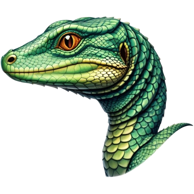 Cinematic Noble Monitor Lizard Portrait Emoji, Poised and regal, with a robust, scaled body exhibiting striking, mottled patterns and piercing, alert eyes, Simplified yet sharp and sophisticated features, highly detailed, glowing with a soft, earthy glow, high shine, intelligent and formidable, stylized with an air of ancient wilderness, focused and commanding, soft glowing outline, capturing the essence of a watchful and confident reptilian guardian that appears ready to stride out of the screen with effortless authority! emoji
