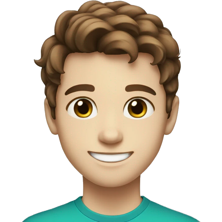Brown hair, teen boy, blue greenish eyes white skin smiling emoji