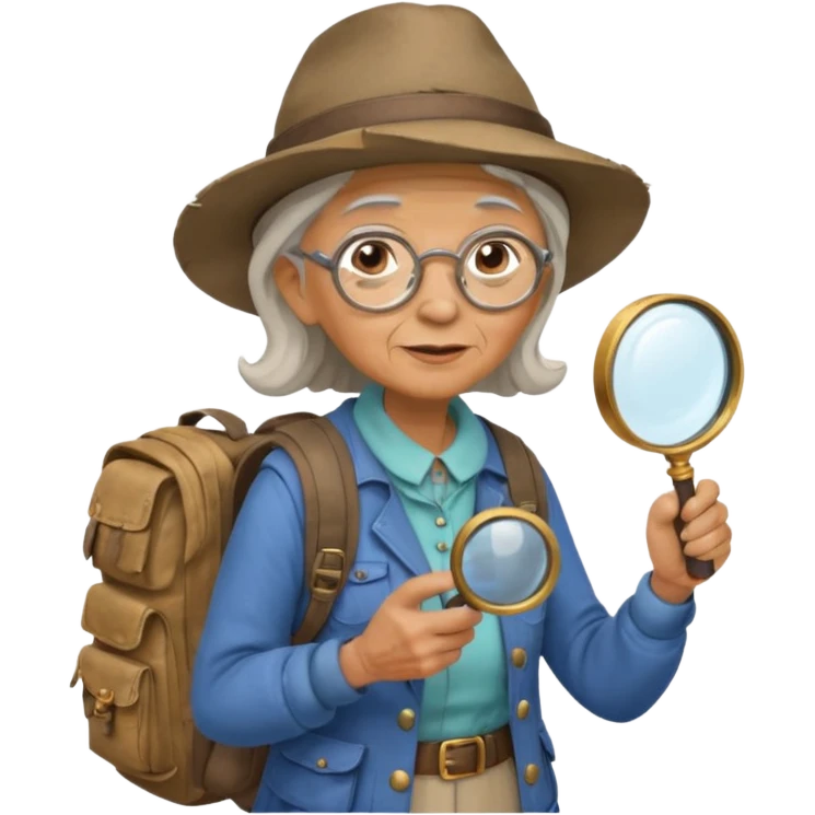 Explorer old woman with hat and magnifying glass and backpack, portrait emoji