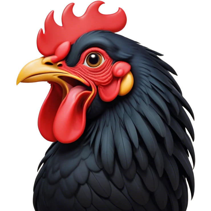 Cinematic Cute Yawning Black Rooster Portrait Emoji, Head tilted slightly with a dramatic, wide-open yawn, showcasing a soft, downy black plumage with a crisp red comb and drooping wings, round eyes barely open in drowsy contentment, Simplified yet irresistibly adorable features, highly detailed, glowing with a soft, cozy glow, high shine, relaxed yet expressive, stylized with a touch of whimsy, bright and endearing, soft glowing outline, capturing the essence of a sleepy yet affectionate rooster, so drowsy it feels like it could stretch out of the screen and curl up for a nap! emoji