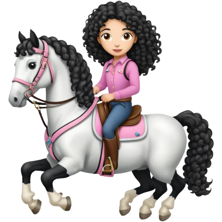 Realistic mixed race girl with long curly hair, riding a big black and white draft horse, wearing pink harness and saddle  emoji