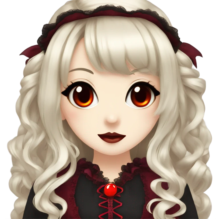 hime gyaru girl, victorian dress, black hair, red eyes, vampire fangs emoji