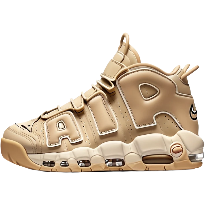 A pair of beige Nike Air More Uptempo sneakers in iOS emoji style, with left and right shoes positioned with one slightly behind the other, featuring minimalist design with the iconic AIR lettering on sides emoji