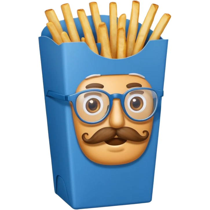 long slim crispy fries in a blue carton, carton has eyes and mustache and glassess emoji