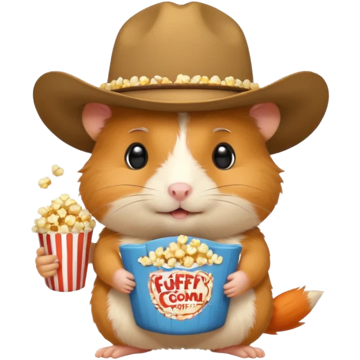 orange hamster holding pop corn, with cowboy hat emoji
