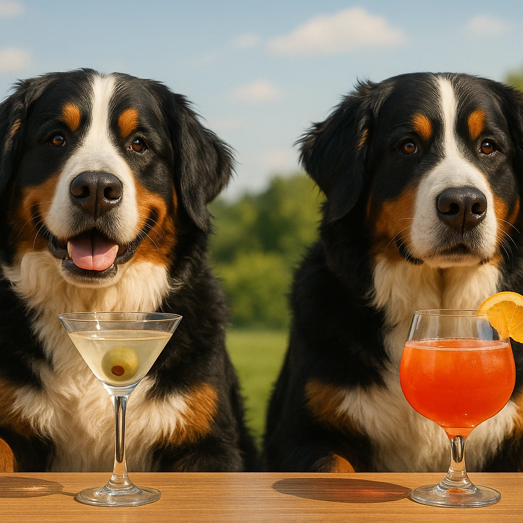 two Bernese mountain dogs with cocktail glasses, enjoying drinks, wide scene, 1950x640 emoji