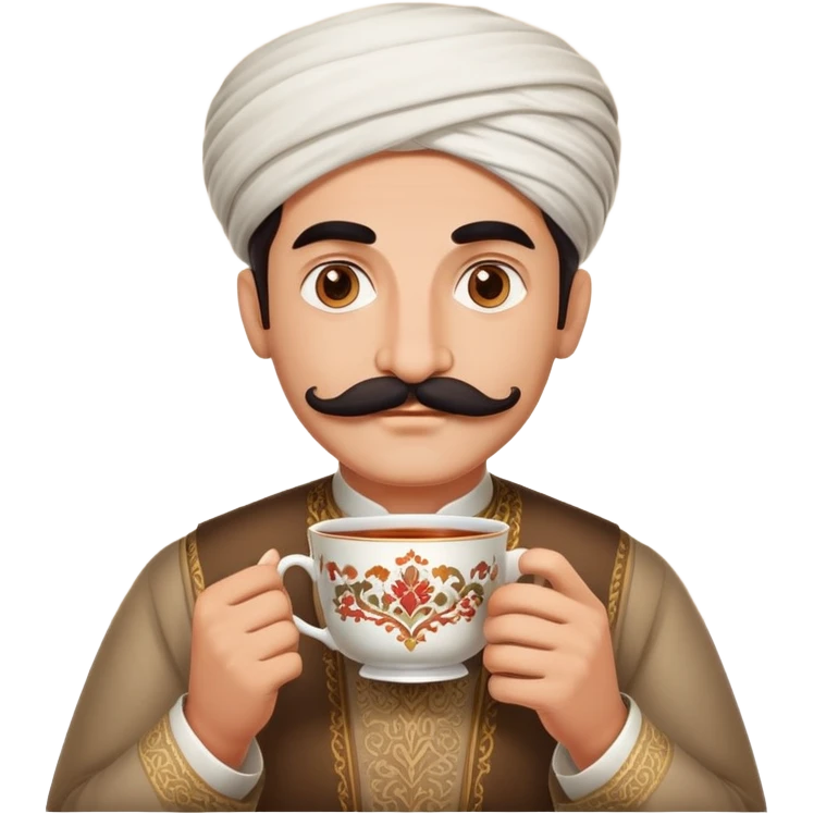 A traditional persian man with mustache and large cup of tea emoji