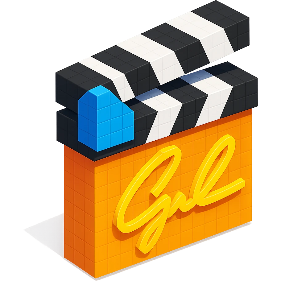 voxel style movie clapperboard with a gold director's signature, isometric view emoji