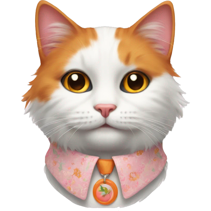 fluffy white and orange cat wearing a thin pink floral collar emoji