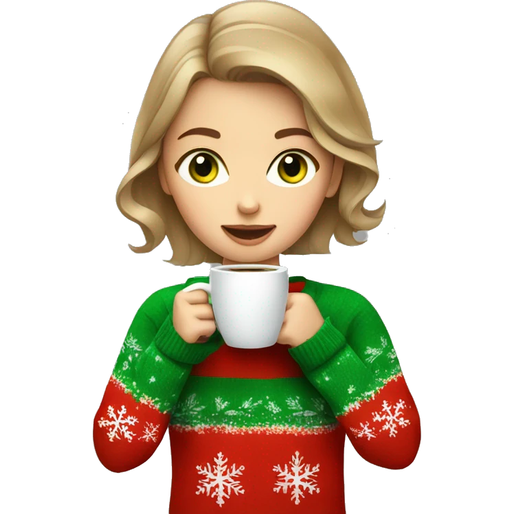 Light brown short haired girl with green eyes drinking coffee wearing red Christmas sweater emoji