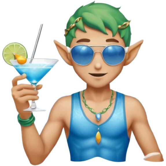 elf male in stylish blue swim trunks, palm extended over cocktail glass, conjuring swirling frost and mist to chill it, silver aviator sunglasses, pointy ears, confident smirk, minimalist beach bar backdrop, centered emoji, summer magic emoji