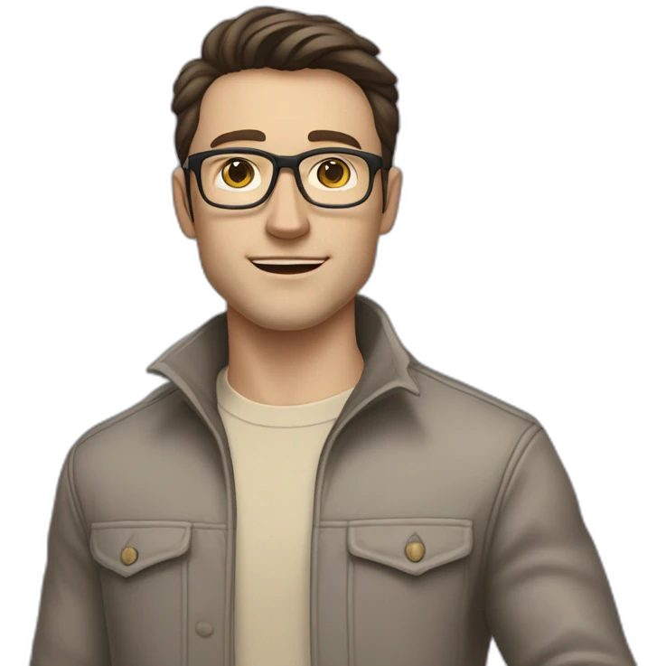 Full height Pale skinned Fit Man With dark brown hair in gray classic jacket, beige office shirt, Brown pants and vintage glasses. Thrumbs of his palms upwards emoji