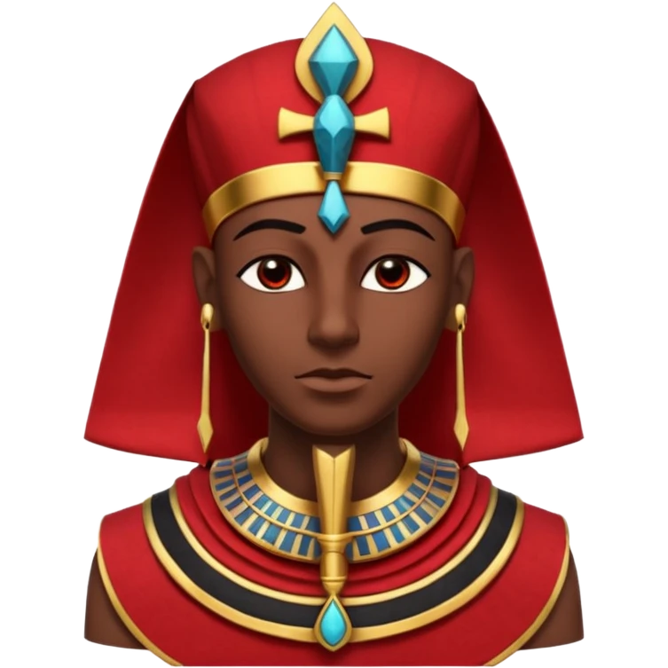 gothic ancient Egyptian character portrait, head and shoulders only, red and black color theme, pharaoh collar, ankh symbols, dark red royal fabric, Egyptian jewelry, mysterious expression, dramatic lighting, 3D cartoon, mobile game icon style, clean background, no text, no watermark
 emoji