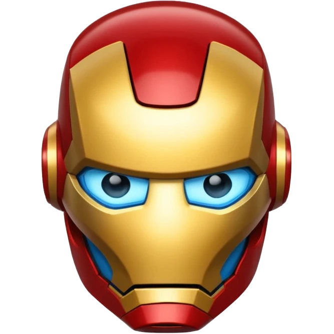 Iron Man helmet emoji, shiny red and gold metallic finish, glowing blue eyes, sleek and futuristic, expressive but simplified, clean lines, bold color palette, popular emoji style emoji