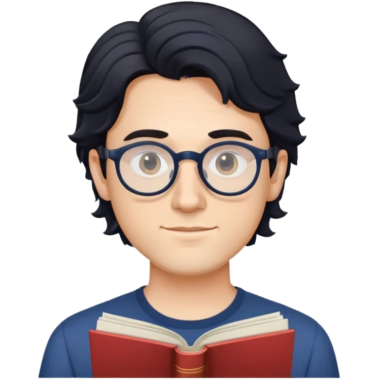 Young caucasian man with slightly longer wavy black hair, round glasses, dark blue shirt, holding a theater program emoji